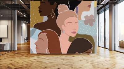 women with different skin color together. modern bright illustration. for postcards, posters, magazine cover, catalog, book, booklet
 Wall mural