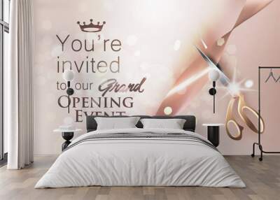 Grand opening beige invitation card with satine ribbon and scissors Wall mural