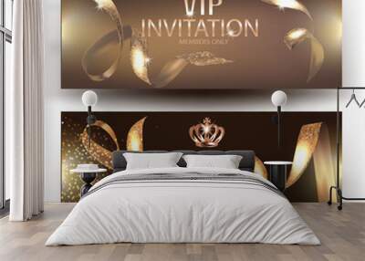 Vip elegant invitation cvards with gold beautiful ribbons and gold vintage elements. Vector illustration Wall mural