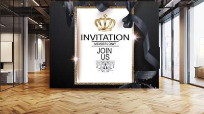 VIP invitation card with black ribbon and gold vintage frame. Vector illustration Wall mural