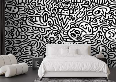 Cute hand drawn doodle art with black lines filling the paper. Creative abstract vector illustration suitable for wallpaper, drawing books, covers. Isolated on white background Wall mural