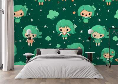 Illustration of a little girl with giant emerald-colored eyes and green hair in kawaii style on a green background Wall mural