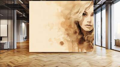 Watercolor-style illustration of a young woman's face expressing emotions of the female state of mind ni beige background Wall mural