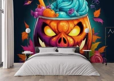 Jack o lantern style cocktail with turquoise whipped cream Wall mural