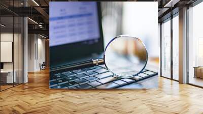 Magnifying glass is located on the keyboard. Of computer notebooks, Concept Disease analysis, consult various problems, study, online virus via internet or social Wall mural