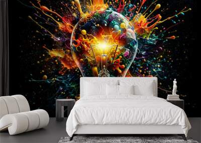 A creative light bulb explodes with colorful paint and splashes on a black background. Dry paint splatter. Brainstorm and Think differently about creative idea concepts.  Wall mural