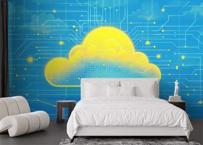 Cloud computing Data Base Technology concept with glowing neon yellow structures on a blue dark banner. Generative AI illustration Wall mural