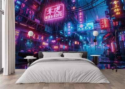 Cyberpunk streets illustration, futuristic city foggy, 
 lights in the nightclub blue color night of the neon street downtown in Shinjuku Tokyo, soft blurred empty place, 4k background. Wall mural