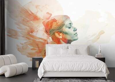 Una hermosa mujer alada, en estilo abstracto, con colores naranja claro y verde azulado sobre fondo blanco Wall mural