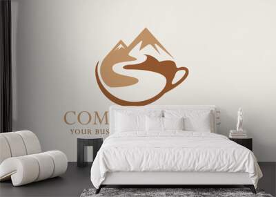 Brown Color Coffee Cup Mountain Logo Design Wall mural