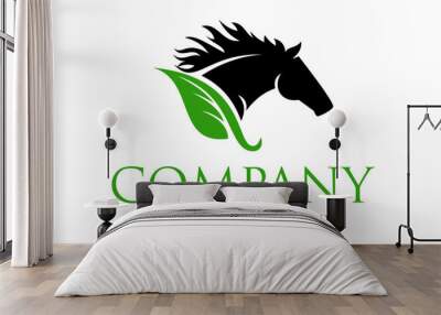 Green Color Leaf and Black Horse Logo Design Wall mural