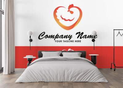 Orange Color Line Art Love Chicken Logo Design Wall mural