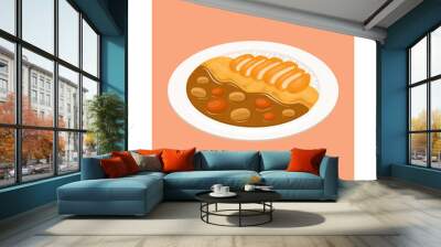 Illustration vector cartoon of pork deep fried with omelet egg curry on rice plate. Japanese food dish menu concept Wall mural