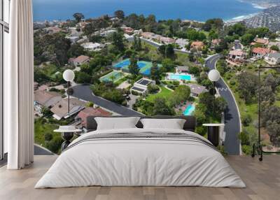 Aerial view over La Jolla Hills with big villas and ocean in the background, San Diego, California, USA Wall mural