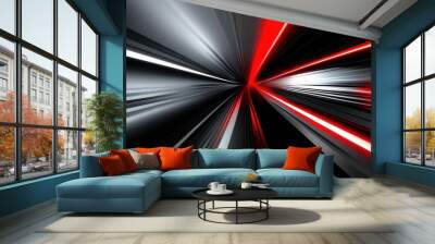 abstract tunnel, red and white light streaks, motion blur, high contrast, dynamic perspective, futuristic, digital art, sleek design, speed effect, black background, converging lines, sci-fi aesthetic Wall mural