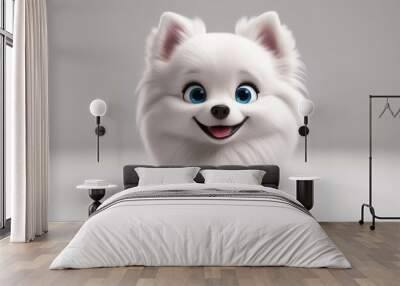 Cute cartoon white puppy, fluffy fur, big expressive eyes, smiling face, small round body, stubby legs, perky ears, chibi style, 3D rendering, soft lighting, grey background, playful pose, adorable ch Wall mural