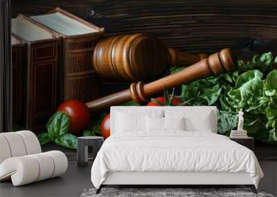 Legal gavel, law book, fresh vegetables, healthy eating, food legislation, wooden table, rustic background, nutrition policy, judicial decision, farm-to-table concept, legal scales, organic produce, c Wall mural