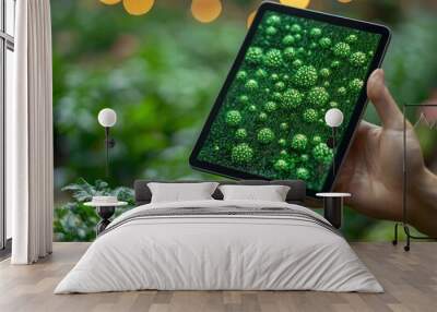 A Hand Holding a Tablet Showing a Pattern of Green Circles with a Green Garden in the Background Wall mural