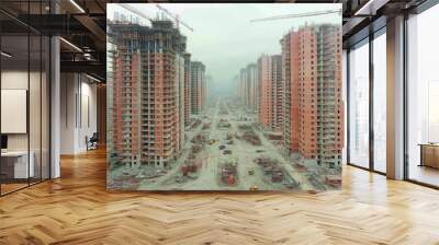 Construction Site with Two Partially Constructed High-Rise Buildings Wall mural