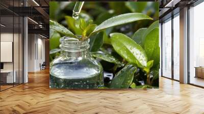 Droplet Falling from Pipette onto a Sprout in a Glass Bottle Wall mural