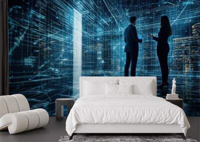 Silhouettes of two businesspeople standing in front of a digital cityscape Wall mural