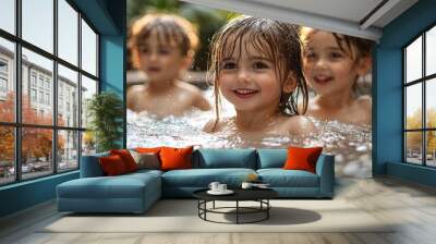 Three Children Smiling in a Hot Tub on a Sunny Day Wall mural