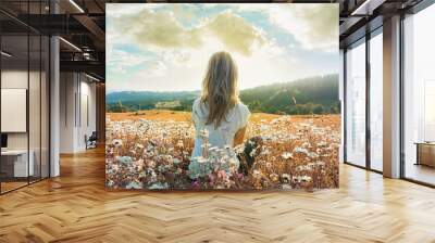 Woman sitting on the chamomiles field and looking at the cloudy sky at sunset. Banner edition.. Wall mural