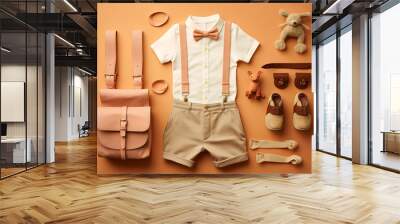 Flat lay baby clothes. Children is suit. Generative ai Wall mural