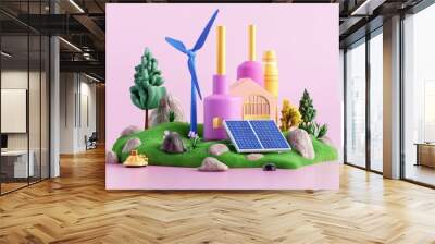 A colorful, miniature landscape showcasing renewable energy elements, featuring wind turbines, solar panels, and vibrant factories amidst greenery. Wall mural