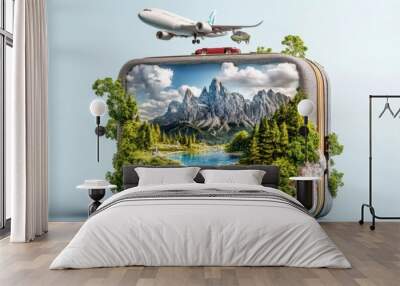 A suitcase transformed into a lush landscape scene with mountains and a river, topped with an airplane flying overhead, symbolizing adventure and travel. Wall mural