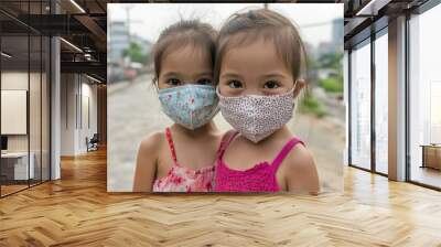 Children in masks due to extreme heat, pollution in crowded city, climate change impact, public health concern. Wall mural