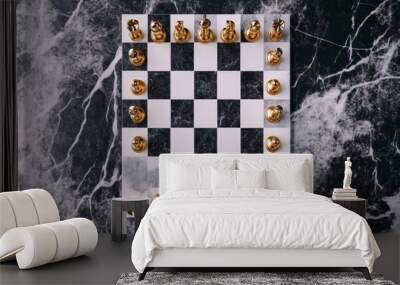 Golden chess pieces advancing on a chessboard, representing competitive advantage and business strategy in a dynamic environment, emphasizing strategic growth and decision-making. Wall mural