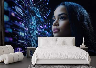 Tech-savvy entrepreneur immersed in dynamic projections, exuding confidence and determination, set in a modern workspace designed for innovation and creativity. Wall mural