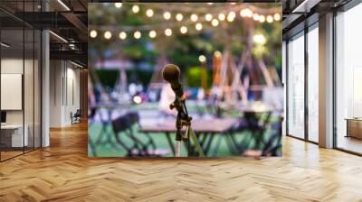 Microphone stand for the singer with the light hanging and table set for party in the park background Wall mural