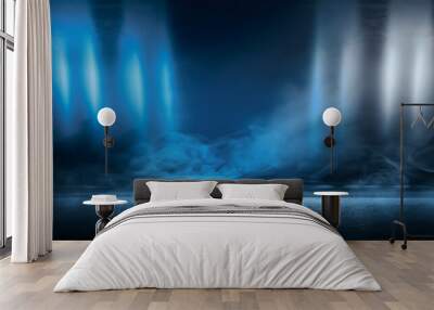 A dark empty street, dark blue background, an empty dark scene, neon light, spotlights The asphalt floor and studio room with smoke float up the interior texture. night view Wall mural