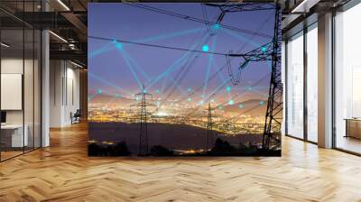 High power electricity poles in urban area connected to smart grid. Energy supply, distribution of energy, transmitting energy, energy transmission, high voltage supply concept photo. Wall mural