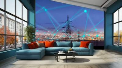 High power electricity poles in urban area connected to smart grid. Energy supply, distribution of energy, transmitting energy, energy transmission, high voltage supply concept photo. Wall mural