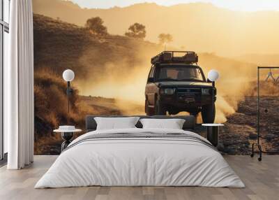 a 4x4 car driving offroad on a dusty countryside road  Wall mural