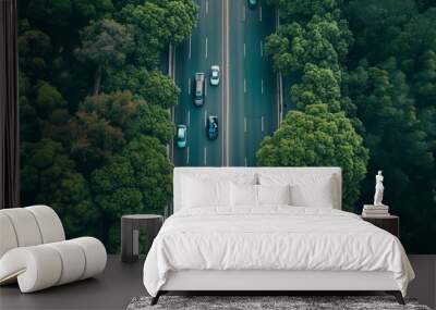 aerial cenital shot of a road with cars  Wall mural