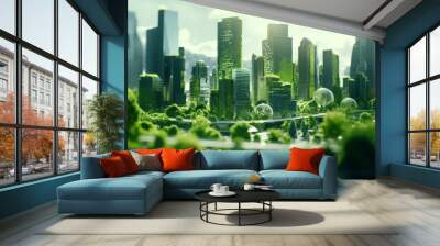 wallpaper of a futuristic green city full of trees Wall mural