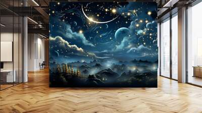 3d photo of a moon and stars with sky wallpaper made with generative AI Wall mural