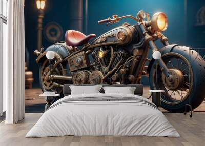 A custom motorcycle in an authentic creative workshop. Motorcycle in vintage steampunk style Wall mural