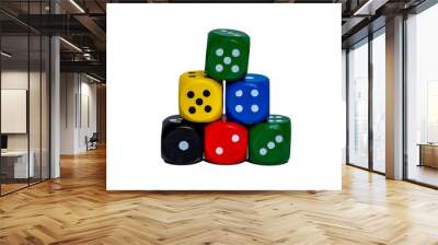 Different colored dice isolated on white background. Five bright colors. Wall mural