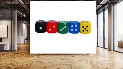 Different colored dice on a transparent background. Five bright colors. Wall mural