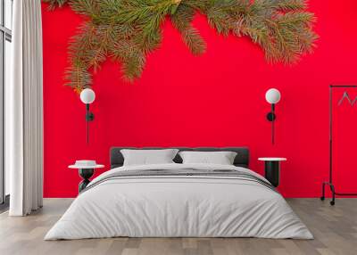 Red Christmas background with Christmas ornaments and festive decorations.Copy space. Place for design or text Wall mural