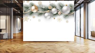 Winter holiday background. Border with Christmas tree branches and ornaments isolated on white. Fir branches, headers, party posters Wall mural