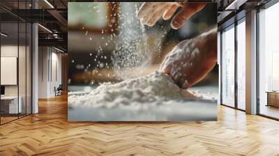 A baker chef is preparing, kneading a flour dough in the kitchen. Loaf bread making, food ingredients, traditional pizza restaurant, traditional culinary recipe, handmade pastry, cuisine cooking Wall mural