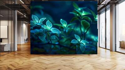 A close-up of bioluminescent plants glowing in the darkness, night light. Natural environment, botanical scientific magical experiment. Biological abstract phenomenon, garden green decoration Wall mural