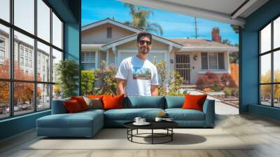 A pretty young man in a white T-shirt with sunglasses and a short beard is standing outdoor in the yard in front of his house with a smile on his face. Real estate property, homeowner, countryside Wall mural