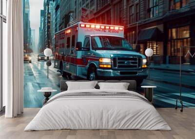 Ambulance Van on a wide city street. Emergency vehicle with warning lights and siren moving fast an avenue. Metropolis rescue services transport. Motion blur. Wall mural